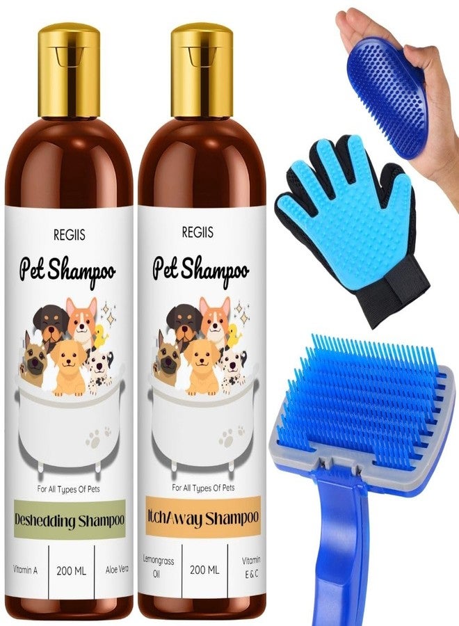 مجموعة ريجيس للعناية بالحيوانات الأليفة مع شامبو لإزالة الشعر الزائد والحكة، مجموعة شامبو للكلاب سعة 200 مل، فرشاة وقفازات زرقاء للعناية بالحيوانات الأليفة (عبوة من 5 قطع) - Image 1